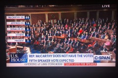Rep Marjorie Taylor Green of GA (in red) looming behind McCarthy seated at the table in the centre.