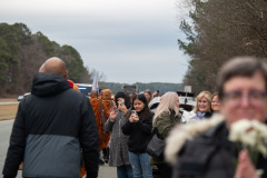 The monks are on their way to their lunch break on the other side of the bridge over Jordan Lake...